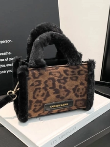 Moda Donna Stampa Leopardata Borsa a Spalla in Pelle PU Bordo in Pelliccia Sintetica Piccola Borsa a Tracolla Quadrata Pendolare