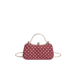Retro burgundy velvet polka dot box bag with gold metal handle and rhinestone clasp