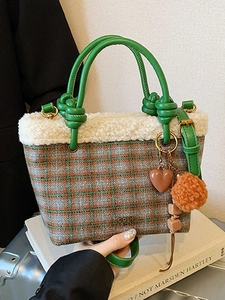 Sac Seau Bandoulière à Carreaux Vintage pour Femmes Sac à Main Rétro avec Bordure en Fausse Fourrure Petit Sac à Épaule Automne Hiver