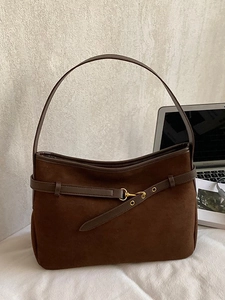 Vintage brown suede tote bag with leather straps and gold buckles for women