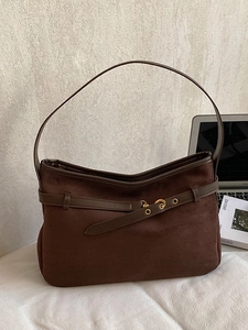 Brown suede shoulder tote bag with gold buckle detail for modern office commuting