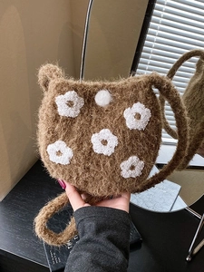 Women Cute Plush Bucket Bag Flower Embroidery Soft Faux Fur Crossbody Phone Bag Small Autumn Winter Shoulder Bag