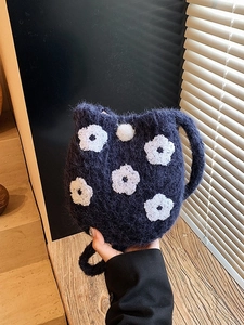 Cute dark blue plush cat ear bucket bag with white floral embroidery and soft strap