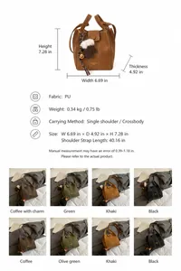 Detail view of stylish PU bucket bag specifications and multi-color selection chart