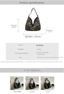 Guide des tailles du grand sac en toile : largeur 39cm, hauteur 34cm et épaisseur 17cm