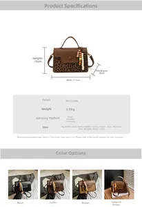 Detailed size chart and multi-color crossbody bag options with wood bead tassel detail