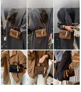 Collage of chic women's small square bags with colorful wooden bead tassel details