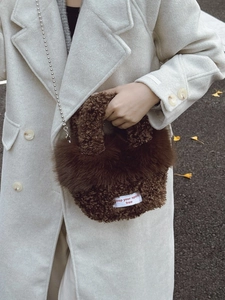 Brown teddy fur handbag with faux fur trim and silver bead chain strap for autumn winter