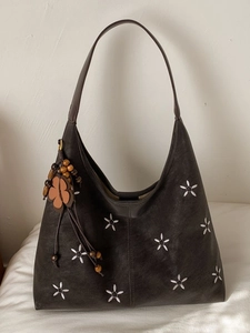Vintage PU Leer Bloem Borduurwerk Grote Tote Bag Voor Vrouwen Met Houten Kralen Hanger Casual Schoudertas Hobo Tas