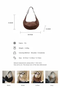 Specifiche dettagliate sulle dimensioni e colori della grande borsa hobo in pelle