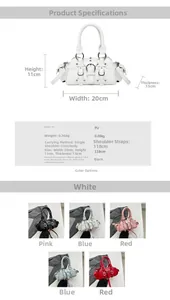 Detailed view of the Y2K motorcycle bag with dimensions and five color options displayed