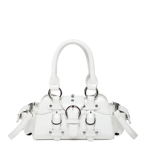 Y2K style white patent leather handbag with silver buckles and studs for women