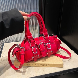 Women PU Leather Y2K Motorcycle Handbag Trendy Punk Rivet Buckle Shoulder Bag Fashion Solid Color Crossbody Purse For Daily