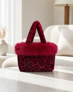 Detail view of plush leopard print handbag showing 35cm width and 0.22kg weight specs