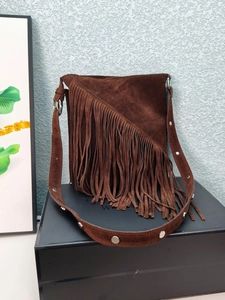 Vintage Suede Fringed Crossbody Bag For Women Bohemian Tassel Bucket Bag With Rivet Strap Casual Autumn Shoulder Bag