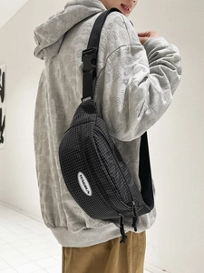 Minimalist black checkered crossbody bag with adjustable strap and TENGRUN logo for sports