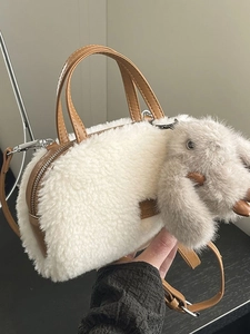 Women Fashion Plush Lamb Wool Handbag Mini Shell Crossbody Bag Soft Faux Fur Cylinder Purse With Rabbit Charm Winter Accessory