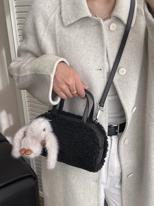 Mini black plush lamb wool crossbody box bag with cute bunny pendant for women