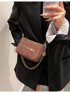 Brown matte suede small crossbody bag with gold chain strap and letter heart decoration