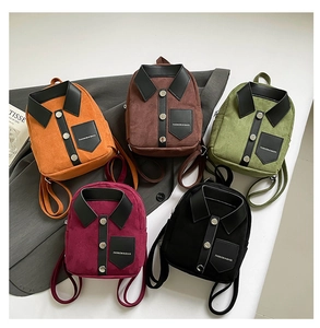 Detailed display of creative shirt-shaped mini backpacks in five vibrant corduroy colors