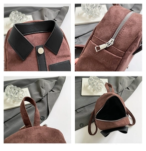 Detailed views of creative brown suede mini backpack with a unique shirt collar design