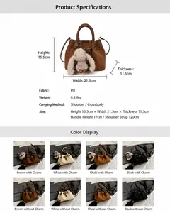 Detailed size chart and product parameters for the vintage PU leather bucket bag with charm