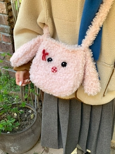 Simpatica borsa tote a coniglio in peluche rosa in morbida lana d'agnello con orecchie