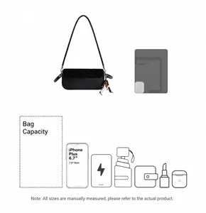 Internal capacity of the black faux leather shoulder bag with dimensions and phone fit