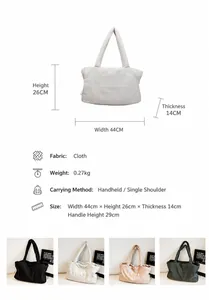 Tabla de tallas detallada y dimensiones del bolso tote de nailon en cuatro colores distintos