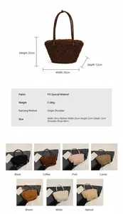 Detailed chart showing plush tote dimensions with multi-color material options