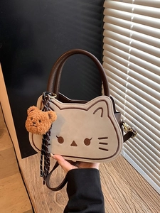 Borsa a mano alla moda beige a forma di gatto con ciondolo a orso e tracolla