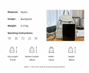Tableau des spécifications détaillant les dimensions du sac nylon et le poids de 0,31 kg