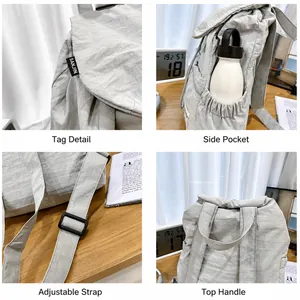 Détails du sac à dos en nylon montrant les poches latérales et les bretelles réglables