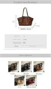 Detailed size specifications and color options for the large vintage pleated tote bag