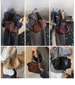 Collage of large vintage tote bags in various colors showing shoulder carry style
