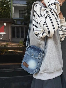 Vintage blue denim crossbody bag for men and women with adjustable shoulder strap
