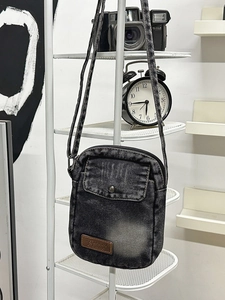Vintage black washed denim crossbody bag for men and women with adjustable strap