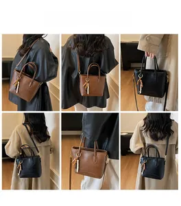 Detailed views of leather bucket bag showing adjustable straps and beaded charms