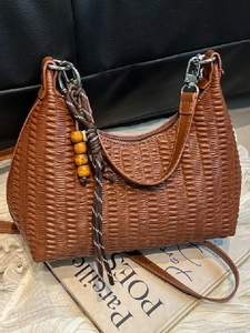 Vintage Pleated PU Leather Shoulder Bag For Women High-End Underarm Bag With Wood Bead Charm Elegant Commuting Handbag