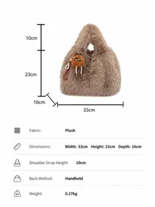 Borsa a mano in peluche marrone 33x23x16cm con ciondolo pompon con occhi e manico superiore