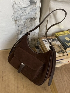 Large Capacity Suede Look PU Leather Tote Bag For Women Vintage Retro Shoulder Crossbody Bag With Front Buckle Pocket Fall Winter Casual Handbag