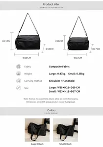 Size comparison chart for large and small composite fabric shoulder bags with dimensions