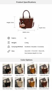 Detailed physical dimensions and color options for the plush trim faux leather tote bag