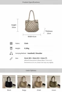 Tableau des tailles détaillé pour grand sac fourre-tout matelassé avec dimensions réelles