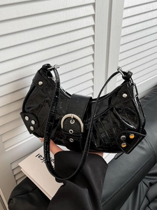 Black crocodile embossed faux leather half moon shoulder bag with studs and silver buckle