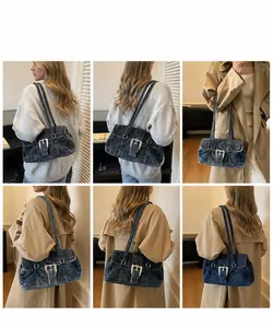 Vues détaillées des sacs Boston en denim vintage en différents coloris bleus