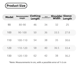 Guide des tailles détaillé pour robe à capuche fille avec mesures et dimensions