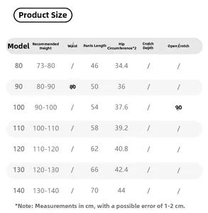 Detailed size guide for toddler girl wide-leg trousers showing height and hip measurements
