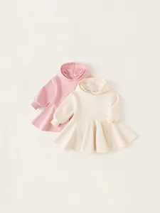 Robe à Capuche Douce pour Filles Manches Longues Couleur Unie Jupe Princesse Évasée Mélange de Coton Tenues d'Automne Printemps