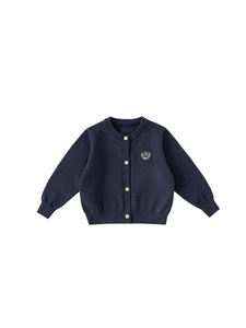 Gilet en tricot bleu marine pour garçons avec boutons dorés et écusson brodé académique